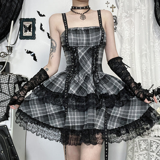 Kawaii Fashion Goth Dress Midnight Lace Whispers Pleated Enchantment