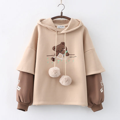 Kawaii Fashion Hoodie Whimsical Bear Embroidery Cozy Pullover