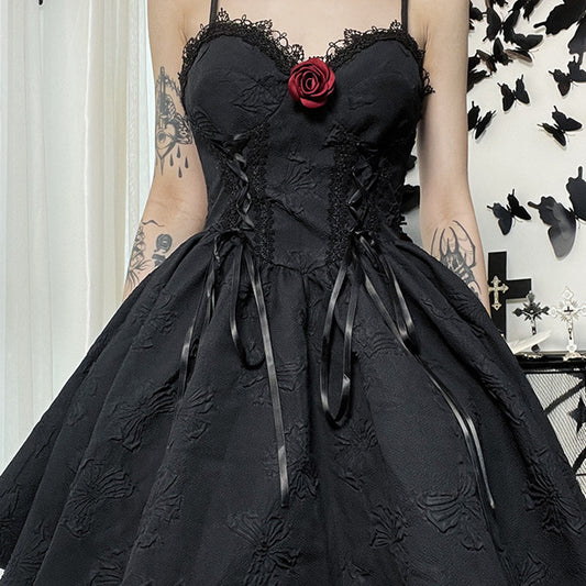 Kawaii Fashion Goth Dress Midnight Velvet Whispers Suspenders Dress