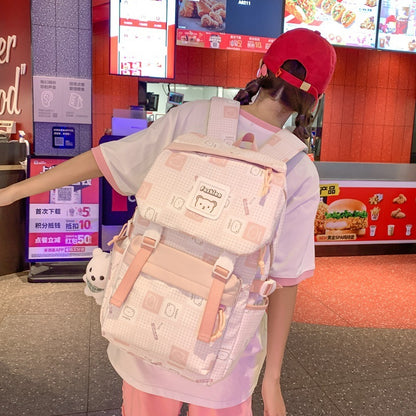 Kawaii Fashion Bag Whimsical Plaid Dreamer Backpack with Bear Pendant