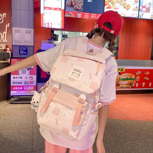 Kawaii Fashion Bag Whimsical Plaid Dreamer Backpack with Bear Pendant