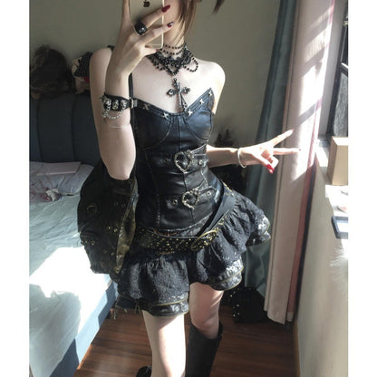 Retro Dark Punk Waist Tube Top Slimming Puffy Skirt Outfit