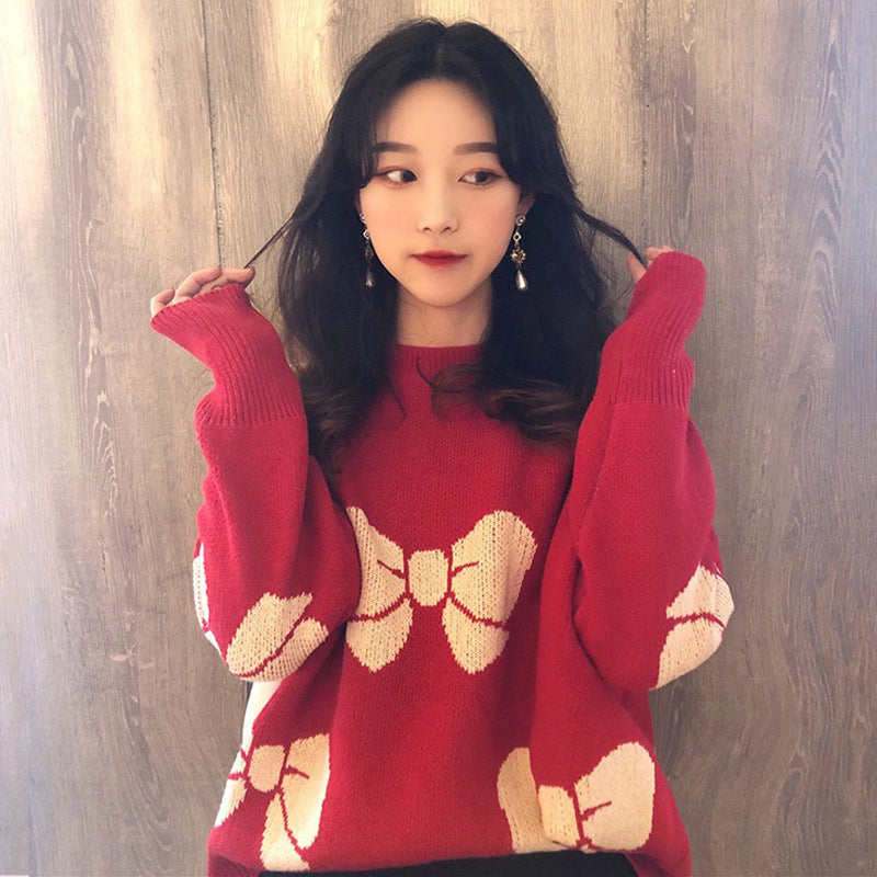 Kawaii Fashion Sweater Crimson Snowflake Bow Whimsy Sweater