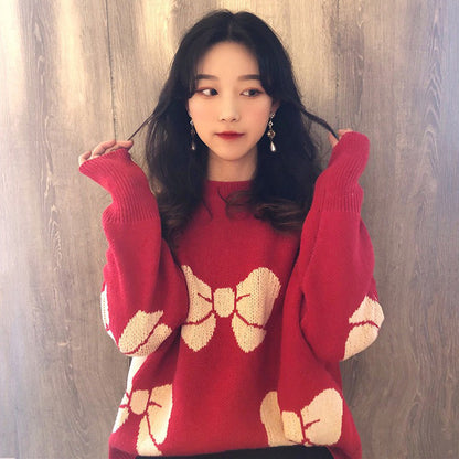 Kawaii Fashion Sweater Crimson Snowflake Bow Whimsy Sweater