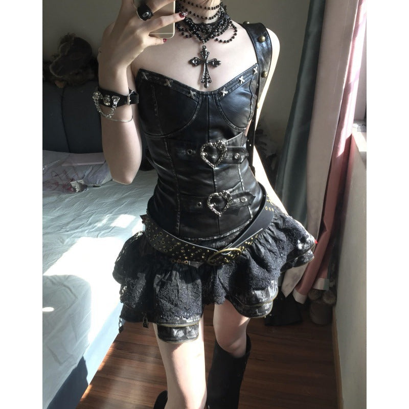 Retro Dark Punk Waist Tube Top Slimming Puffy Skirt Outfit