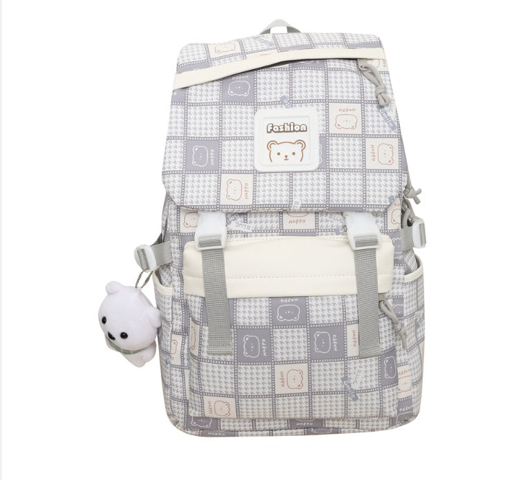 Kawaii Fashion Bag Whimsical Plaid Dreamer Backpack with Bear Pendant