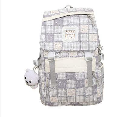 Kawaii Fashion Bag Whimsical Plaid Dreamer Backpack with Bear Pendant