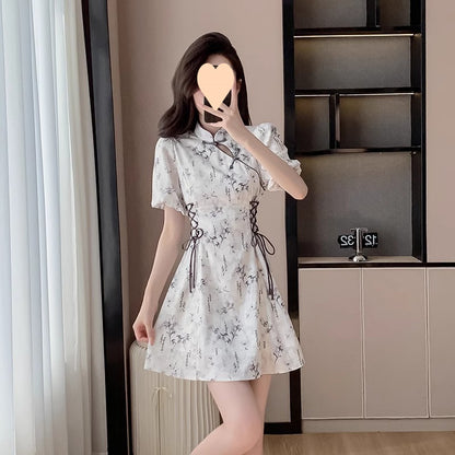 Retro Chinese-style Dress With Traditional Frog Buttons And Bubble Sleeves