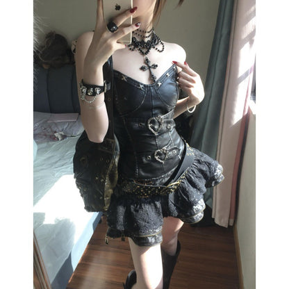 Retro Dark Punk Waist Tube Top Slimming Puffy Skirt Outfit