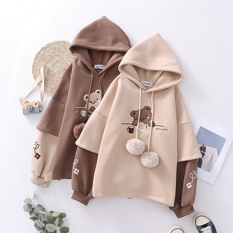 Kawaii Fashion Hoodie Whimsical Bear Embroidery Cozy Pullover