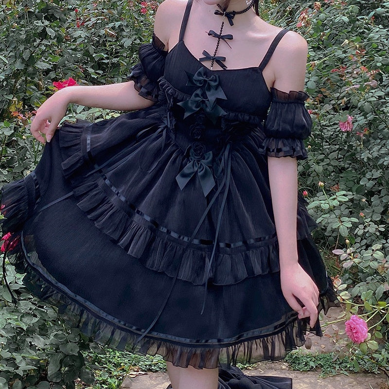 Kawaii Fashion Goth Dress Midnight Velvet Bow Reverie Dress