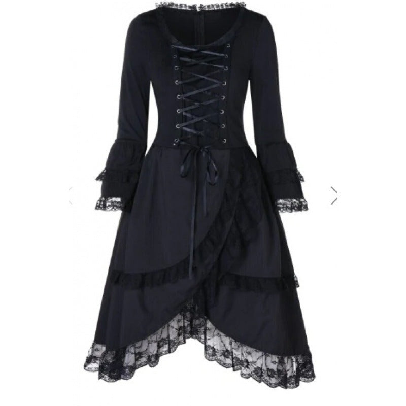 Women's Long-sleeved Lace Flanged Layered Mid-length Dress