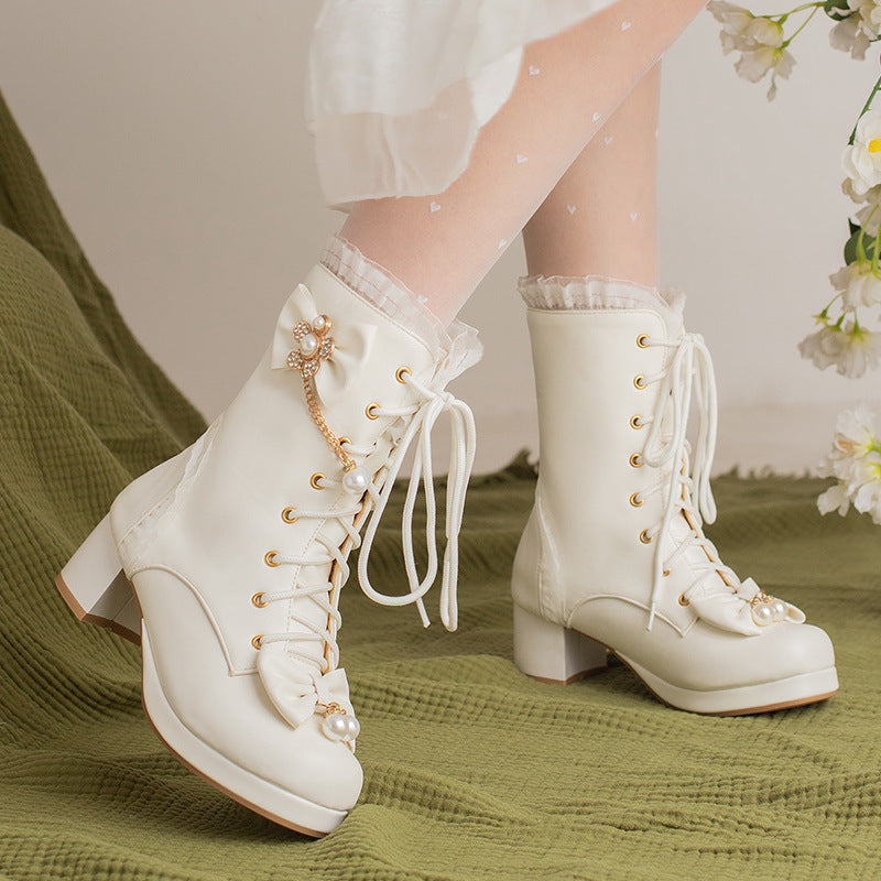 Kawaii Fashion Shoes Whimsical Bowdream Lace-Up Boots