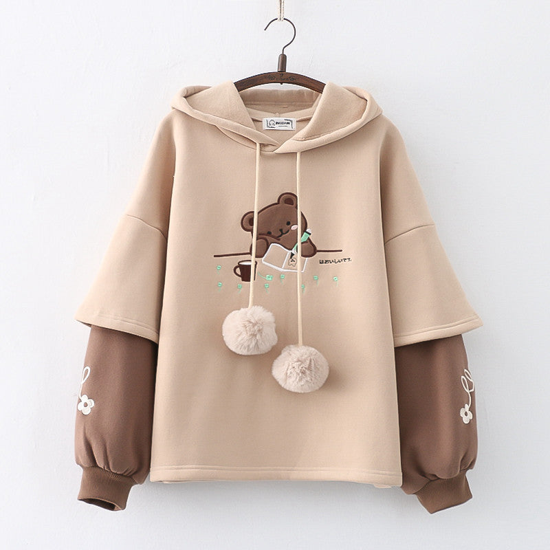 Kawaii Fashion Hoodie Whimsical Bear Embroidery Cozy Pullover