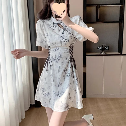 Retro Chinese-style Dress With Traditional Frog Buttons And Bubble Sleeves