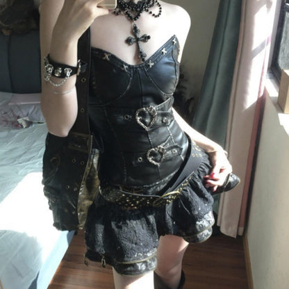 Retro Dark Punk Waist Tube Top Slimming Puffy Skirt Outfit