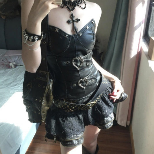 Retro Dark Punk Waist Tube Top Slimming Puffy Skirt Outfit