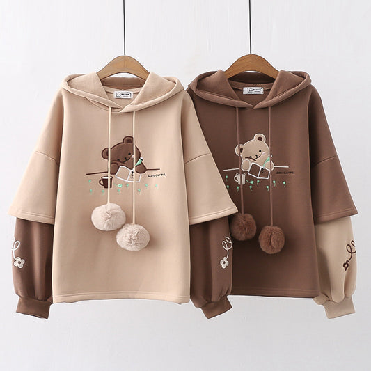Kawaii Fashion Hoodie Whimsical Bear Embroidery Cozy Pullover